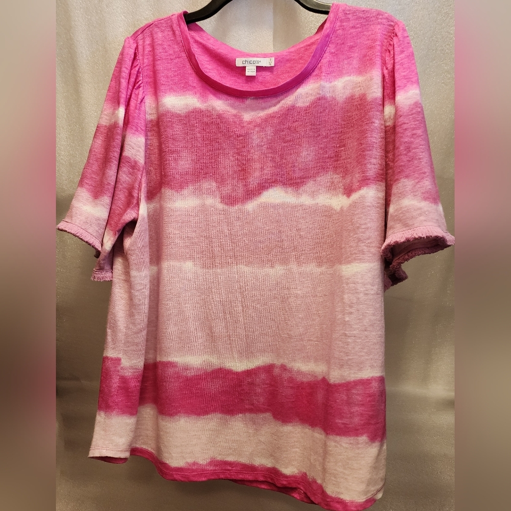 CHICO's Woman's Top • Tie-Dye w/Fringe Detail Sleeves • Shades of Fun PINK • XL